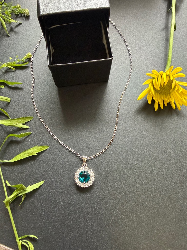 Sterling Silver Blue Crystal Halo Pendant Necklace - Women Jewelry